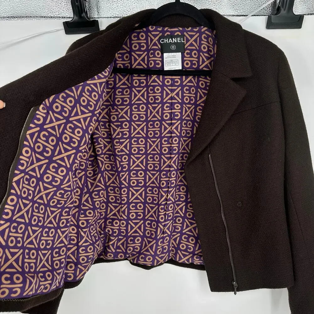 Vintage Y2K Runway CHANEL  FR 44 Blazer Skirt Set Chocolate Brown Cashmere Silk